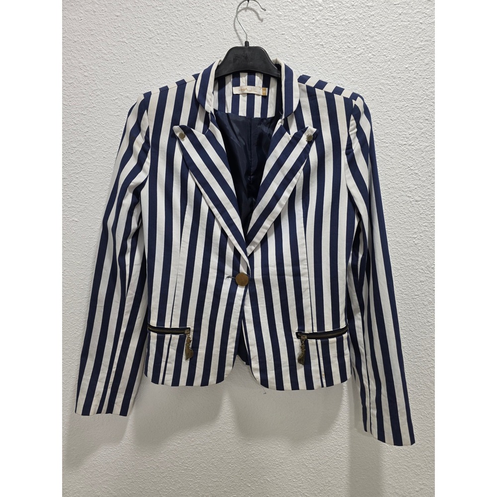 Hajil Navy Blue White Striped Blazer Jacket Cat Zipper Pulls Size 38 small